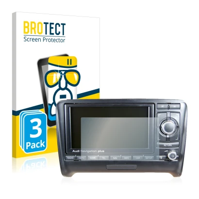 Front side of a product packaging with the brand logo BROTECT. Next to it is the device Audi A4 8E 2004-2009 RNS-E shown with