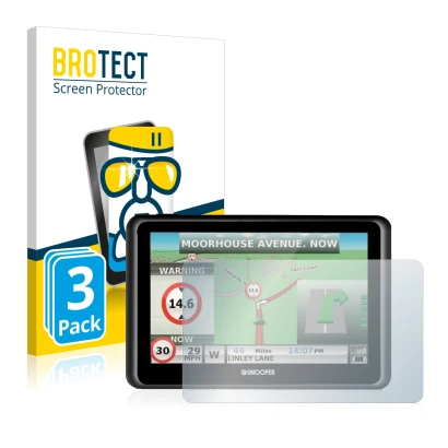 Front side of a product packaging with the brand logo BROTECT. Next to it is the device Snooper Truckmate S6900 shown with the