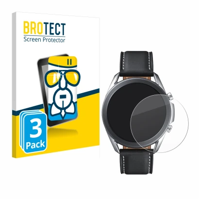 Front side of a product packaging with the brand logo BROTECT. Next to it is the device Samsung Galaxy Watch 3 (45mm) shown wi
