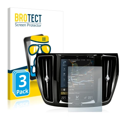 Front side of a product packaging with the brand logo BROTECT. Next to it is the device Volvo S60 Sensus Connect 2020 shown wi