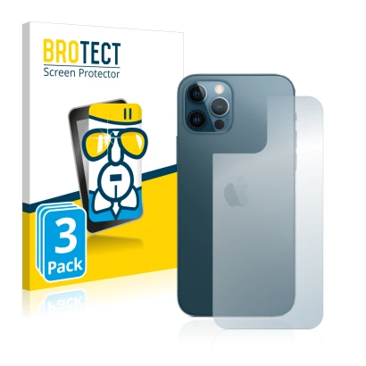 Front side of a product packaging with the brand logo BROTECT. Next to it is the device Apple iPhone 12 Pro (Back) shown with 