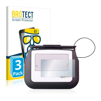 Front side of a product packaging with the brand logo BROTECT. Next to it is the device Signotec Signature Sigma Lite shown wi
