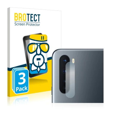Front side of a product packaging with the brand logo BROTECT. Next to it is the device OnePlus Nord (ONLY Camera Lens) shown 
