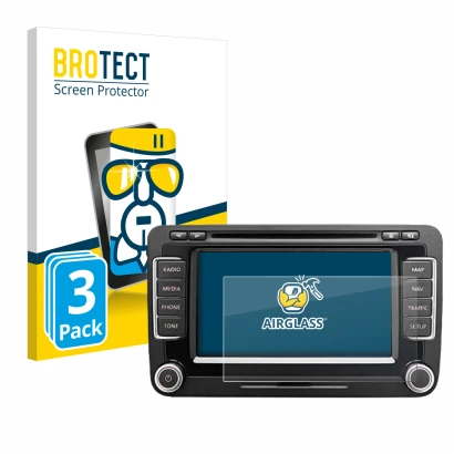 Front side of a product packaging with the brand logo BROTECT. Next to it is the device Volkswagen Eos 2011 RNS 510 6.5" shown