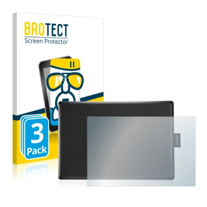 Front side of a product packaging with the brand logo BROTECT. Next to it is the device Wacom One Medium shown with the corres