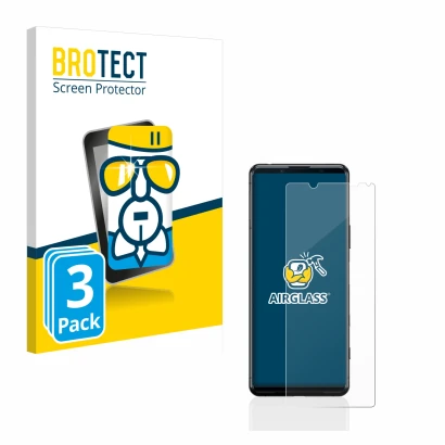 Front side of a product packaging with the brand logo BROTECT. Next to it is the device Sony Xperia 5 II shown with the corres