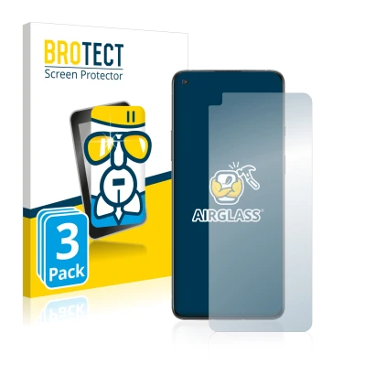 Front side of a product packaging with the brand logo BROTECT. Next to it is the device OnePlus 8T shown with the correspondin