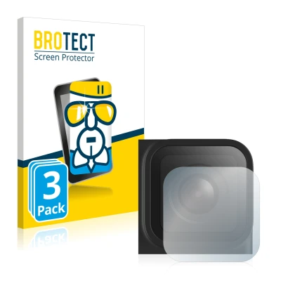 Front side of a product packaging with the brand logo BROTECT. Next to it is the device GoPro Hero 9 Black (Lens) shown with t