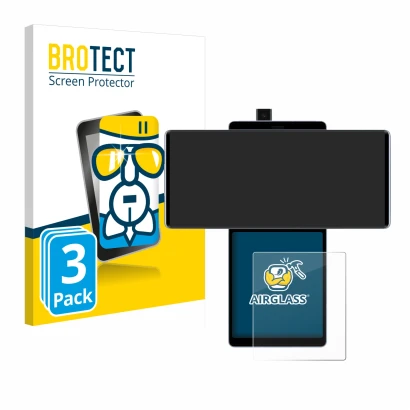 Front side of a product packaging with the brand logo BROTECT. Next to it is the device LG Wing (Back display) shown with the