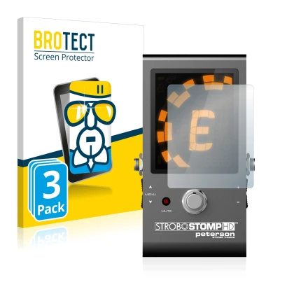 Front side of a product packaging with the brand logo BROTECT. Next to it is the device Peterson Strobostomp HD shown with the
