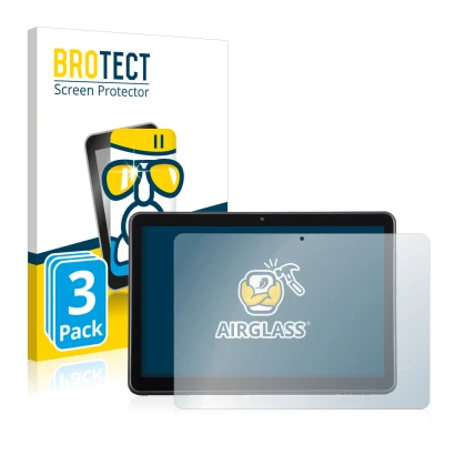 Front side of a product packaging with the brand logo BROTECT. Next to it is the device Wortmann Terra Pad 1006 shown with the