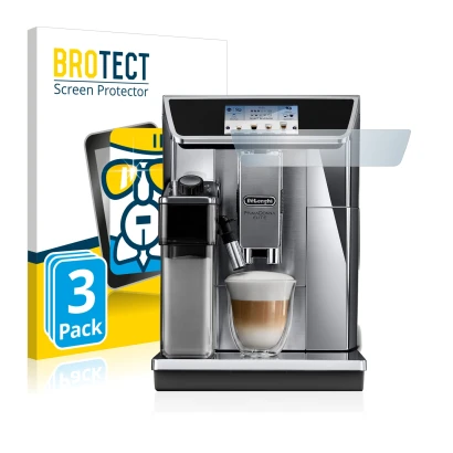 Front side of a product packaging with the brand logo BROTECT. Next to it is the device DeLonghi PrimaDonna Elite Experience E