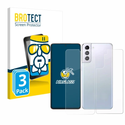Front side of a product packaging with the brand logo BROTECT. Next to it is the device Samsung Galaxy S21 Plus 5G (Front+Back