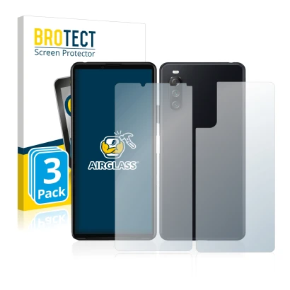 Front side of a product packaging with the brand logo BROTECT. Next to it is the device Sony Xperia 10 III (Front+Back) shown