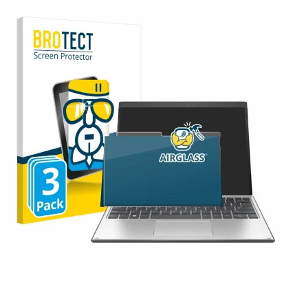 Front side of a product packaging with the brand logo BROTECT. Next to it is the device HP Elite x2 G8 shown with the correspo