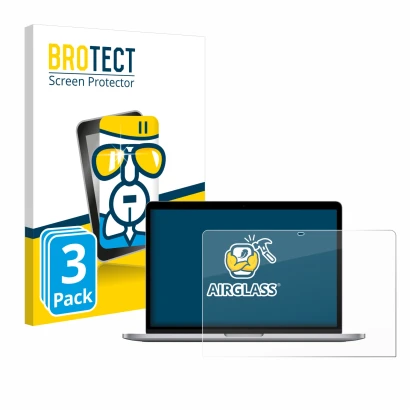 Front side of a product packaging with the brand logo BROTECT. Next to it is the device Apple MacBook Pro 13" M1 2020 shown wi