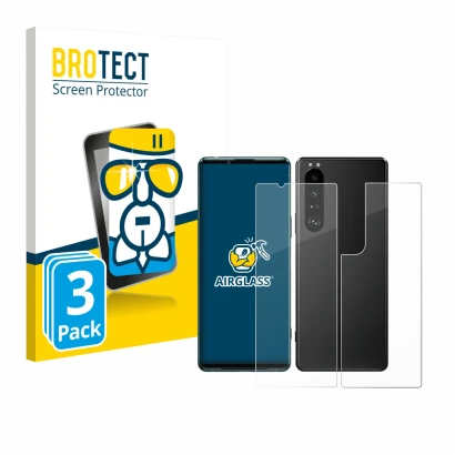 Front side of a product packaging with the brand logo BROTECT. Next to it is the device Sony Xperia 5 III (Front+Back) shown w