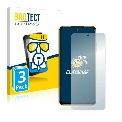 Front side of a product packaging with the brand logo BROTECT. Next to it is the device Xiaomi Poco M3 Pro 5G shown with the c