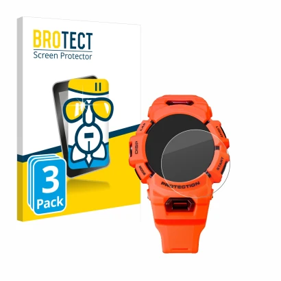 Front side of a product packaging with the brand logo BROTECT. Next to it is the device Casio G-Shock GBA-900 shown with the c