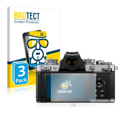 Front side of a product packaging with the brand logo BROTECT. Next to it is the device Nikon Z fc shown with the correspondin