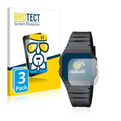 Front side of a product packaging with the brand logo BROTECT. Next to it is the device Casio Collection Unisex F-91W shown wi