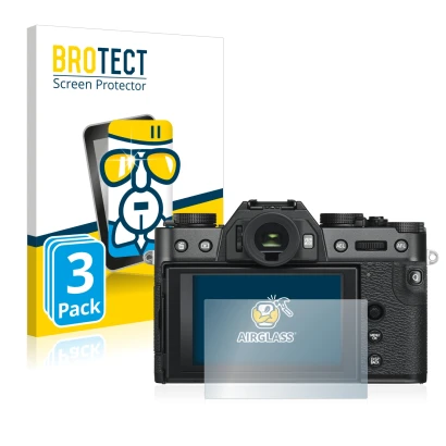 Front side of a product packaging with the brand logo BROTECT. Next to it is the device Fujifilm X-T30 ll shown with the corre
