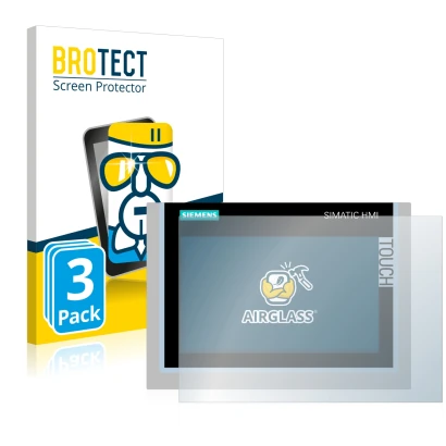 Front side of a product packaging with the brand logo BROTECT. Next to it is the device Siemens Simatic HMI TP700 Comfort show