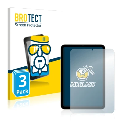 Front side of a product packaging with the brand logo BROTECT. Next to it is the device Apple iPad Mini 6 2021 shown with the 