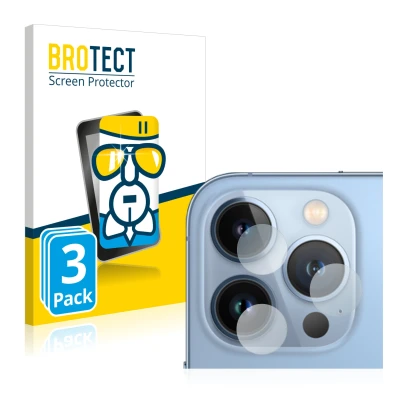 Front side of a product packaging with the brand logo BROTECT. Next to it is the device Apple iPhone 13 Pro Max (ONLY Camera L