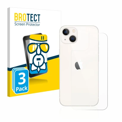Front side of a product packaging with the brand logo BROTECT. Next to it is the device Apple iPhone 13 (Back) shown with the 