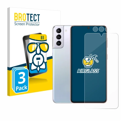Front side of a product packaging with the brand logo BROTECT. Next to it is the device Samsung Galaxy S21 (Front+Camera) show