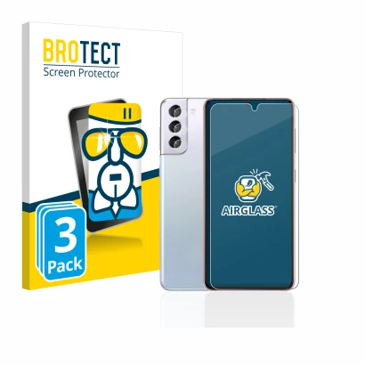 Front side of a product packaging with the brand logo BROTECT. Next to it is the device Samsung Galaxy S21 5G (Front+Camera) s