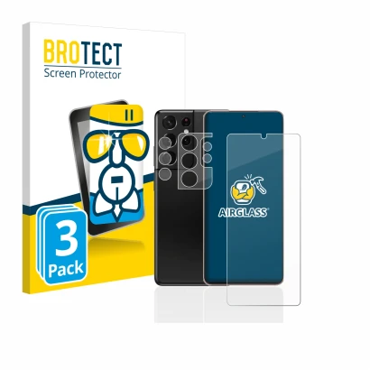 Front side of a product packaging with the brand logo BROTECT. Next to it is the device Samsung Galaxy S21 Ultra 5G (Front+Cam