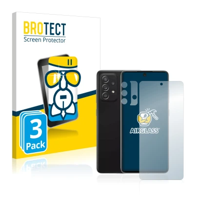 Front side of a product packaging with the brand logo BROTECT. Next to it is the device Samsung Galaxy A52 5G (Front+Camera) s