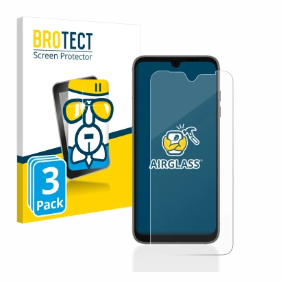 Front side of a product packaging with the brand logo BROTECT. Next to it is the device Fairphone 4 shown with the correspondi