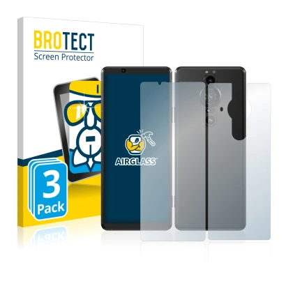 Front side of a product packaging with the brand logo BROTECT. Next to it is the device Sony Xperia Pro-I (Front+Back) shown w