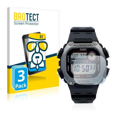 Front side of a product packaging with the brand logo BROTECT. Next to it is the device Casio DW-291H shown with the correspon