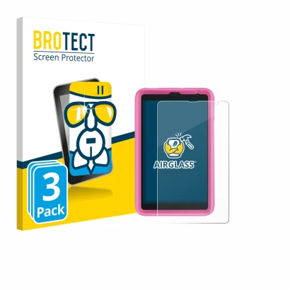Front side of a product packaging with the brand logo BROTECT. Next to it is the device Blackview Tab 6 Kids shown with the co