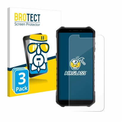 Front side of a product packaging with the brand logo BROTECT. Next to it is the device Ulefone Armor X9 Pro shown with the co