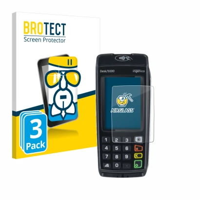 Front side of a product packaging with the brand logo BROTECT. Next to it is the device ingenico Desk/5000 shown with the corr
