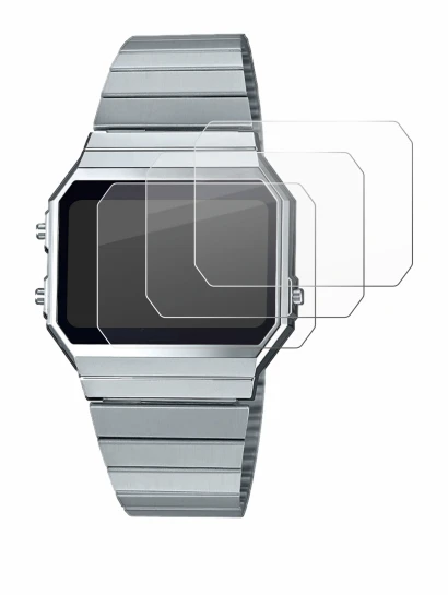 Image of the device Casio A700WE with a wide variety of screen protectors.