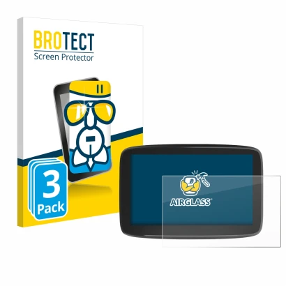 Front side of a product packaging with the brand logo BROTECT. Next to it is the device TomTom GO Classic 6" shown with the co