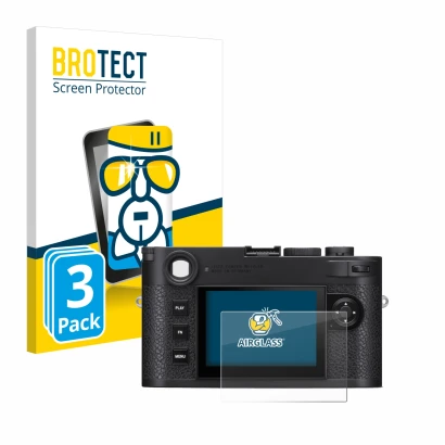 Front side of a product packaging with the brand logo BROTECT. Next to it is the device Leica M11 shown with the corresponding