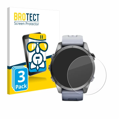 Front side of a product packaging with the brand logo BROTECT. Next to it is the device Garmin Fenix 7S (42 mm) shown with the