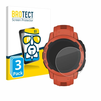 Front side of a product packaging with the brand logo BROTECT. Next to it is the device Garmin Instinct 2S shown with the corr