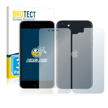 Front side of a product packaging with the brand logo BROTECT. Next to it is the device Apple iPhone SE 3 2022 (Front+Back) sh