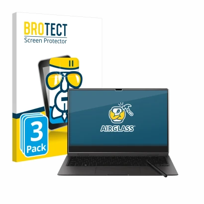 Front side of a product packaging with the brand logo BROTECT. Next to it is the device Samsung Galaxy Book2 Pro 360 13.3