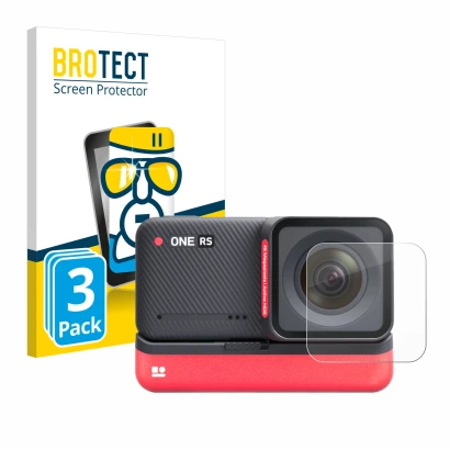 Front side of a product packaging with the brand logo BROTECT. Next to it is the device Insta360 One RS 4K Edition (Lens) show