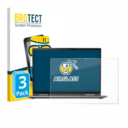 Front side of a product packaging with the brand logo BROTECT. Next to it is the device Lenovo ThinkPad X1 Yoga Gen 7 shown wi