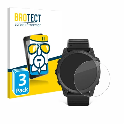Front side of a product packaging with the brand logo BROTECT. Next to it is the device Garmin Tactix 7 Pro Ballistics shown w